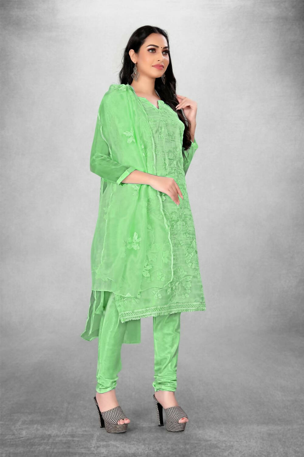 Green Heavy Organza Silk Embroidered Unstitched Dress Material - Amara