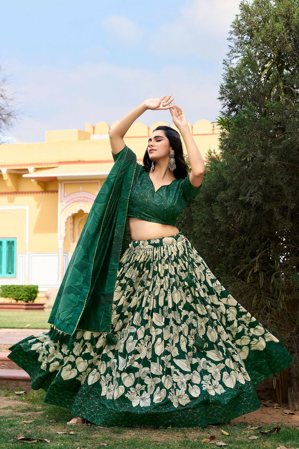 Vastranavya Ethnic Look Tussar Silk Floral Printed With Foil Work Indian Lehenga Choli - Green