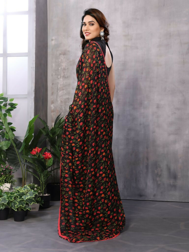 Partywear Designer Black & Red Georgette Fancy Saree - Satrangi