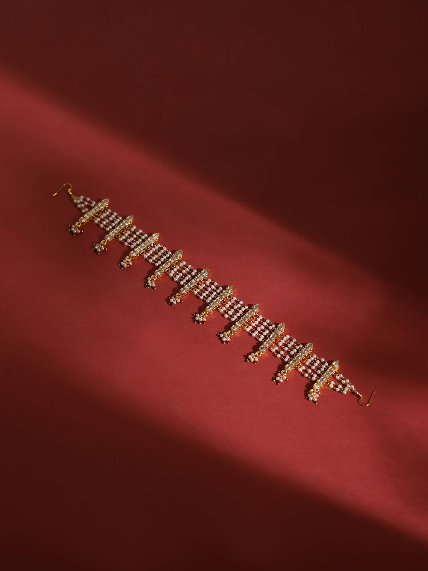White Gold-Polished Kundan-Studded Beaded Matha Patti - Ruby Raang