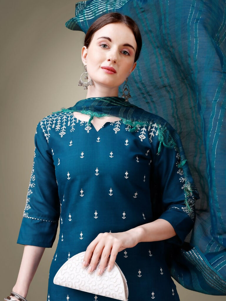 Jyoti Fashion Women's Morpich Cotton Blend Embroidery & Sequence work Kurta with Trouser & Dupatta