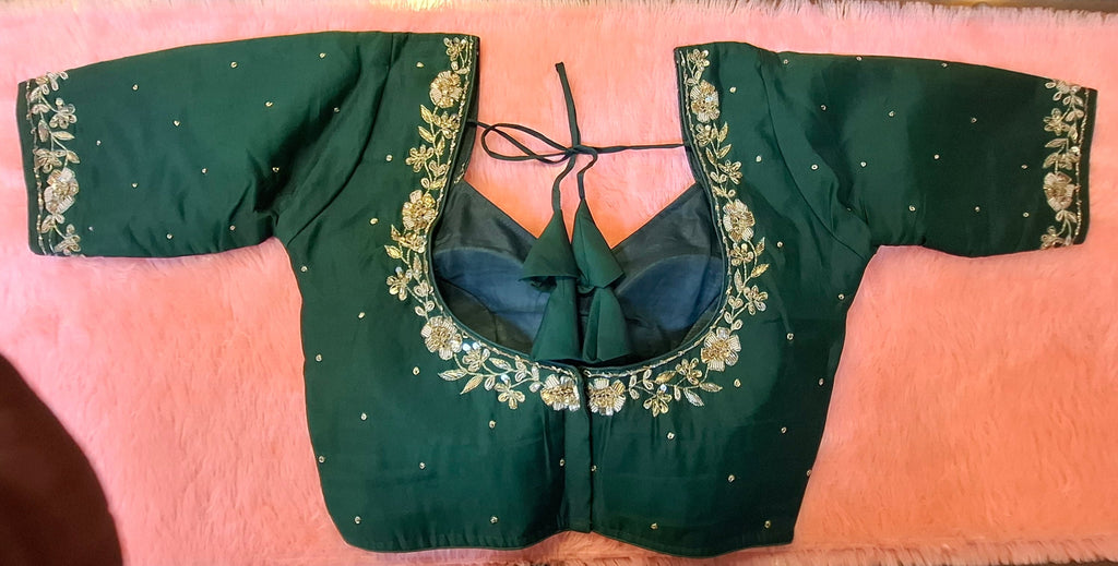 Kia Fashions Bottle Green Hand Embroidered Embroidered Readymade Blouse