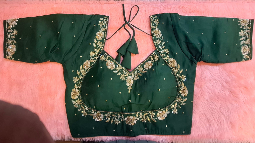 Kia Fashions Bottle Green Hand Embroidered Embroidered Readymade Blouse