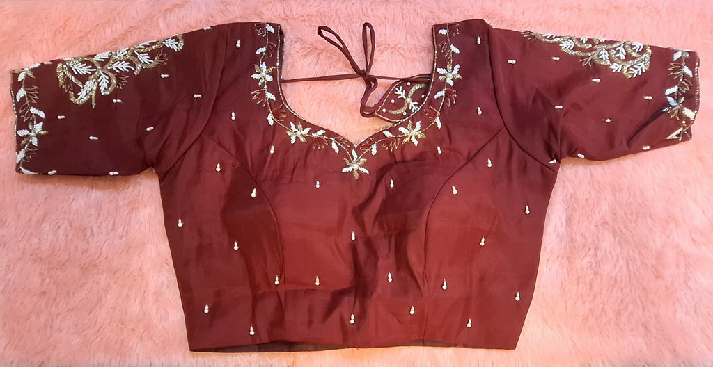 Kia Fashions Maroon Cotton Silk Hand Embroidered Readymade Blouse