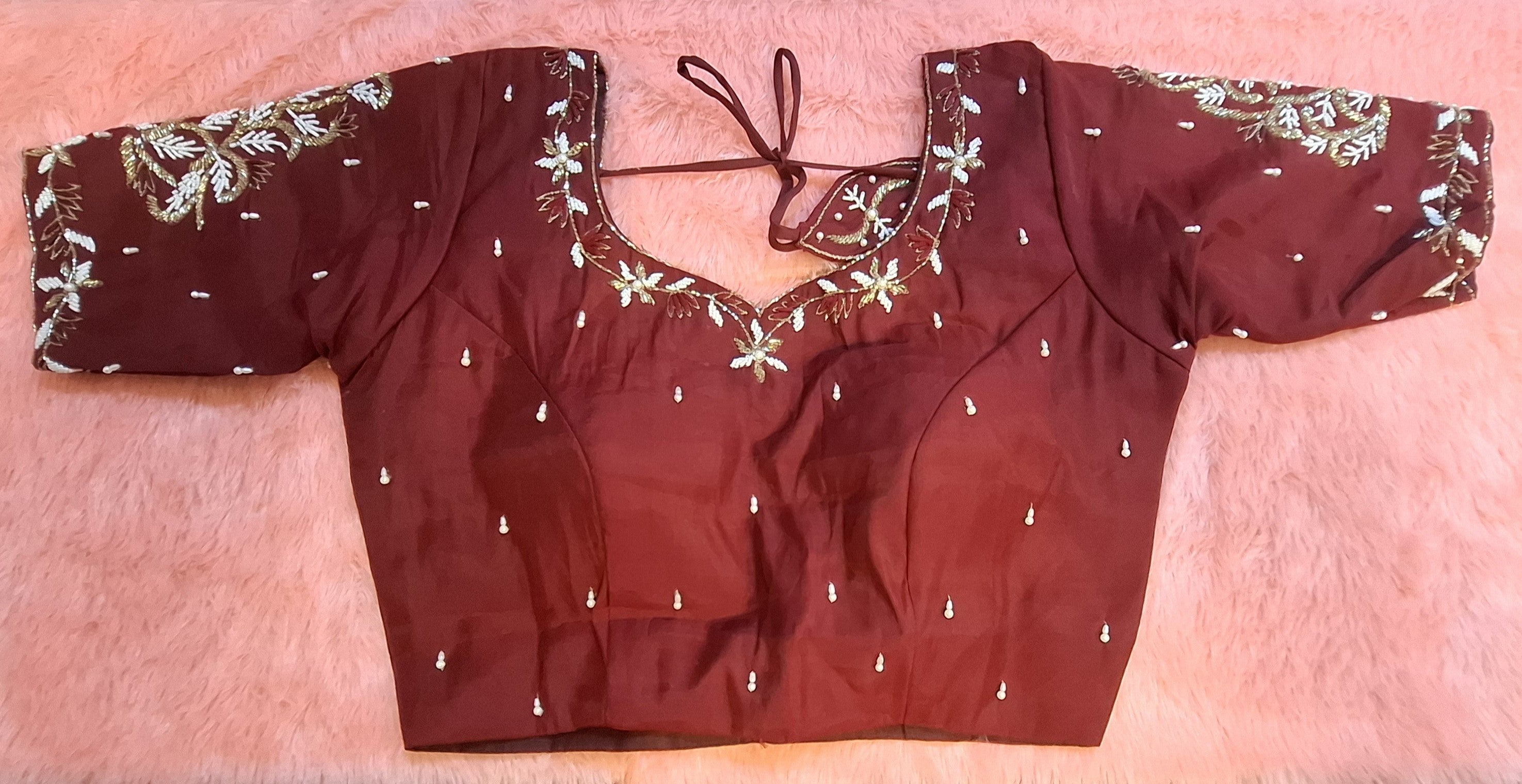 Kia Fashions Maroon Cotton Silk Hand Embroidered Readymade Blouse