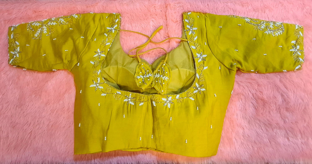 Kia Fashions Mustard Yellow Cotton Silk Hand Embroidered Readymade Blouse