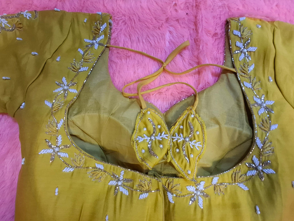 Kia Fashions Mustard Yellow Cotton Silk Hand Embroidered Readymade Blouse