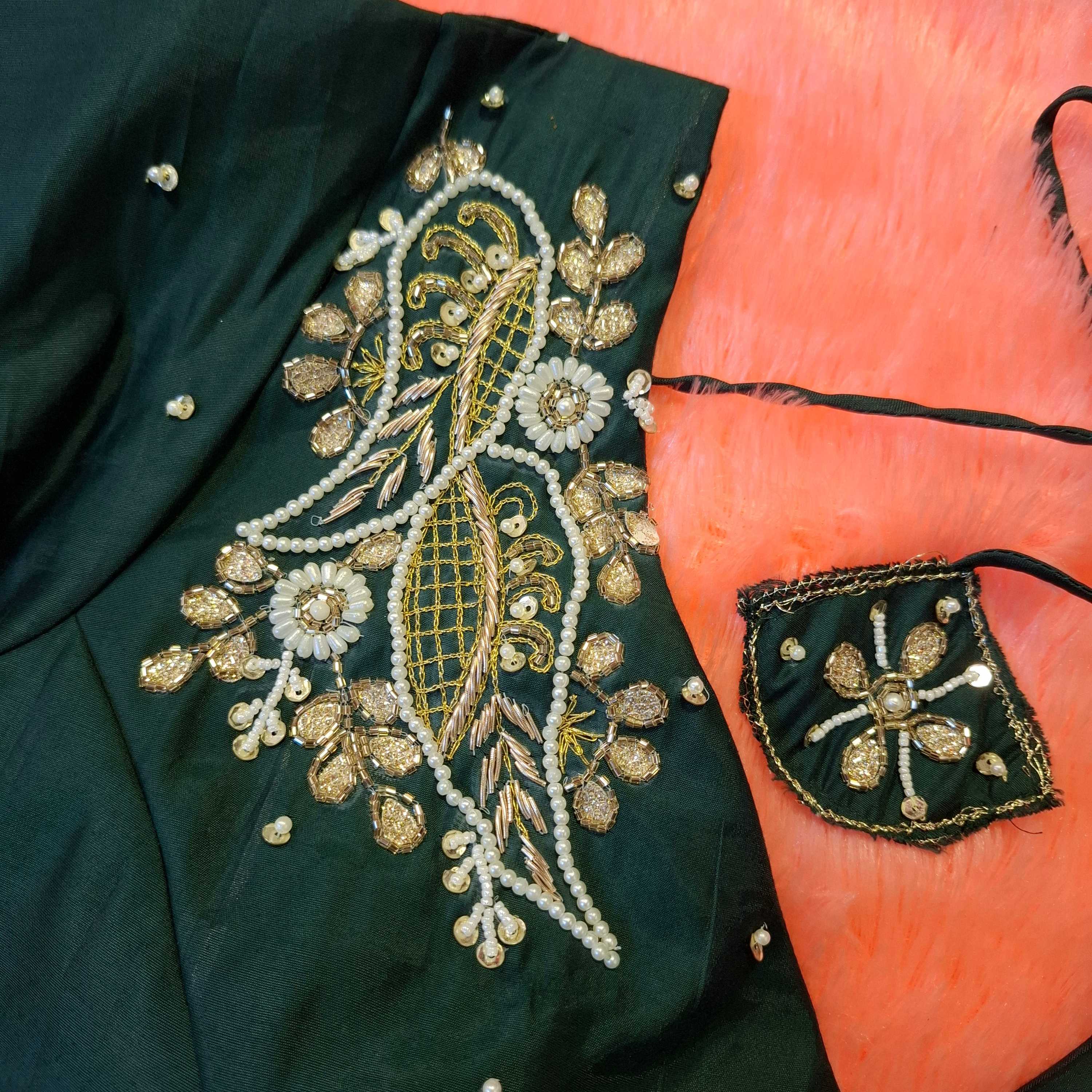 Kia Fashions Bottle Green Hand Embroidered Embroidered Readymade Blouse