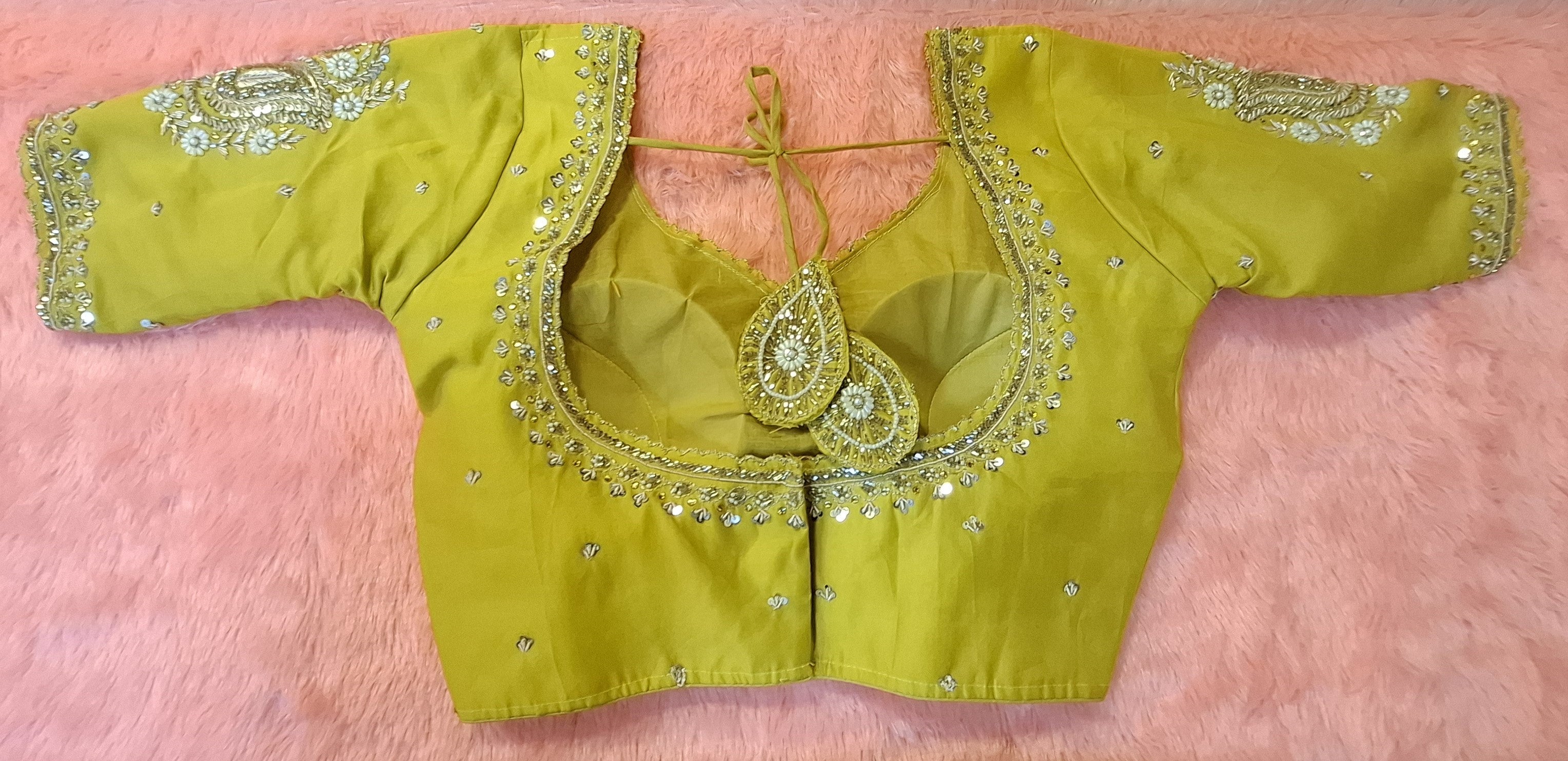 Kia Fashions Mustard Yellow Cotton Silk Hand Embroidered Readymade Blouse