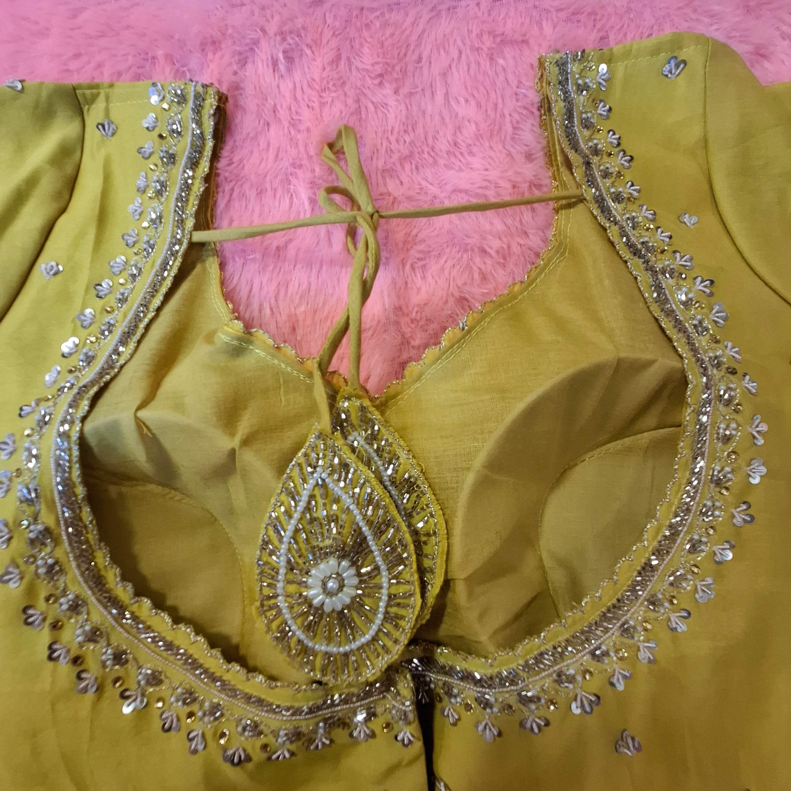 Kia Fashions Mustard Yellow Cotton Silk Hand Embroidered Readymade Blouse