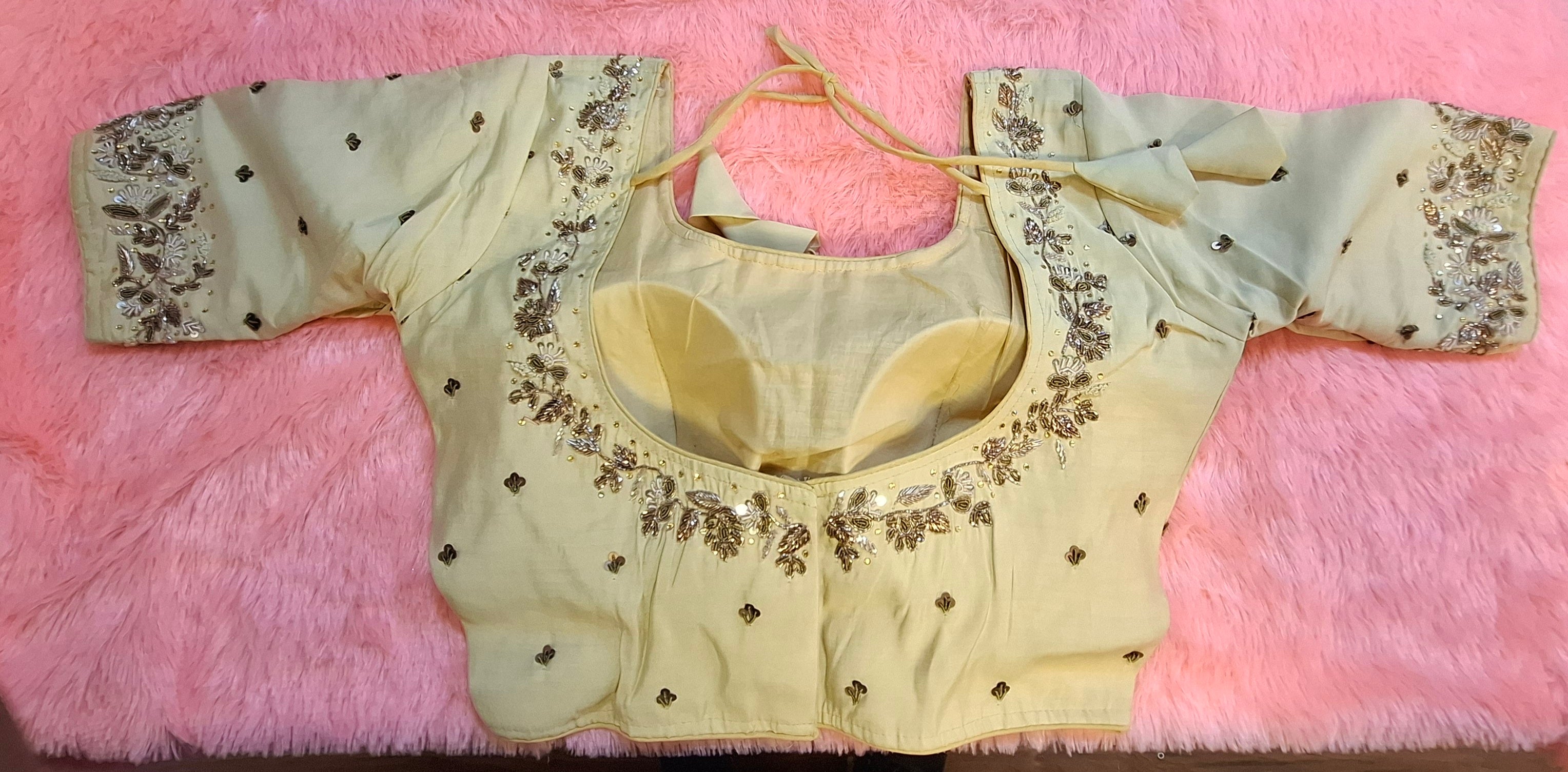 Kia Fashions Beige Cotton Silk Hand Embroidered Readymade Blouse