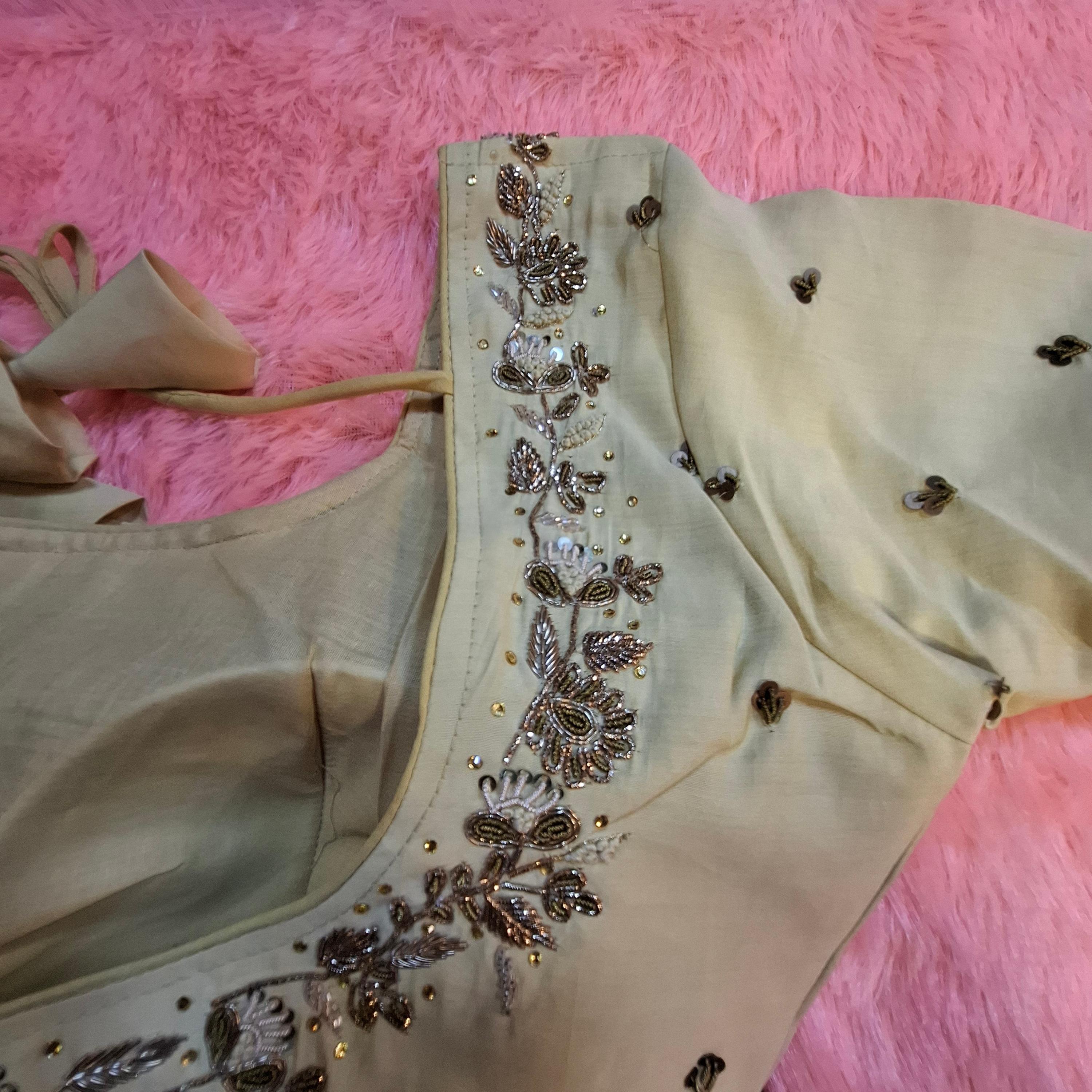 Kia Fashions Beige Cotton Silk Hand Embroidered Readymade Blouse