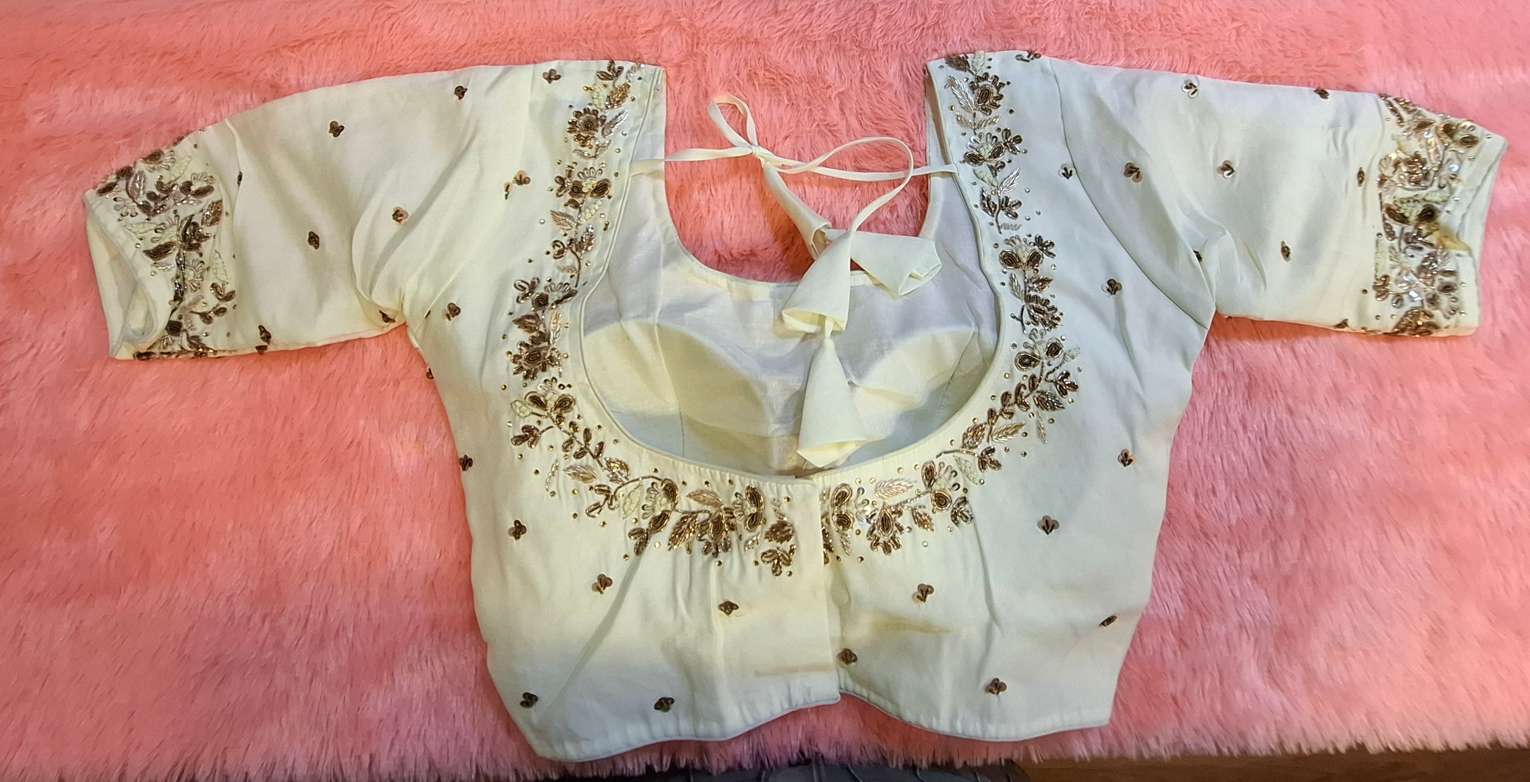 Kia Fashions Off-White Cotton Silk Hand Embroidered Readymade Blouse