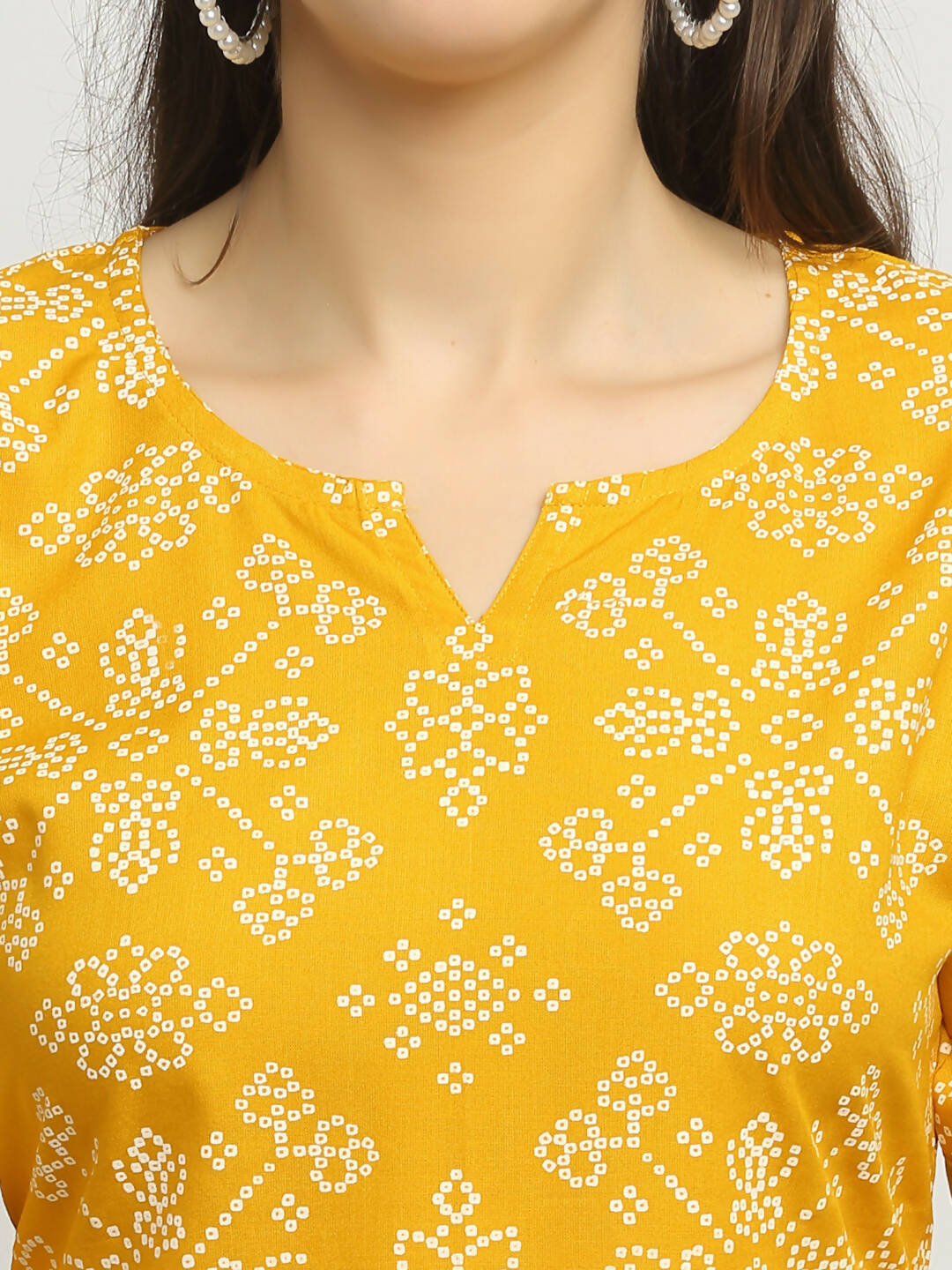 Rudra Bazaar Mustard Printed Bell Sleeve Straight Kurta with Striped Pyjamas