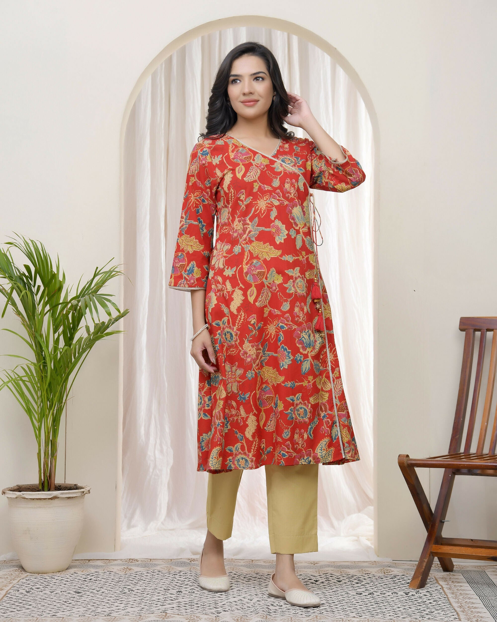 Vaasva Women Red Cotton Angrakha Kurta With Pant