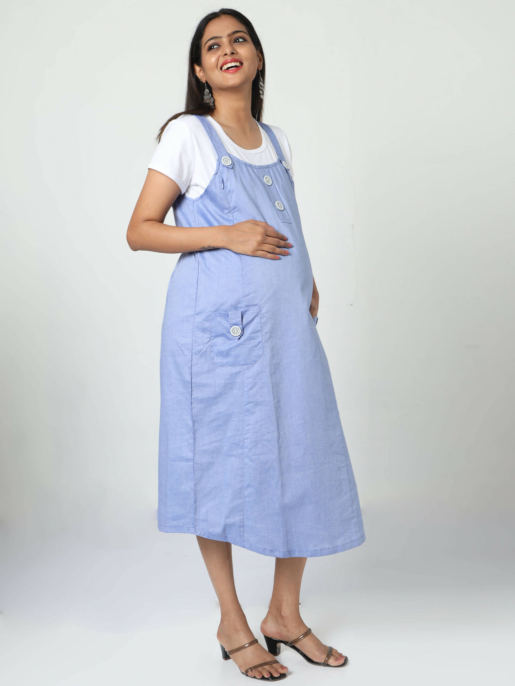 Manet Half Sleeves Solid Maternity Dress With Concealed Zipper Nursing Access - Blue