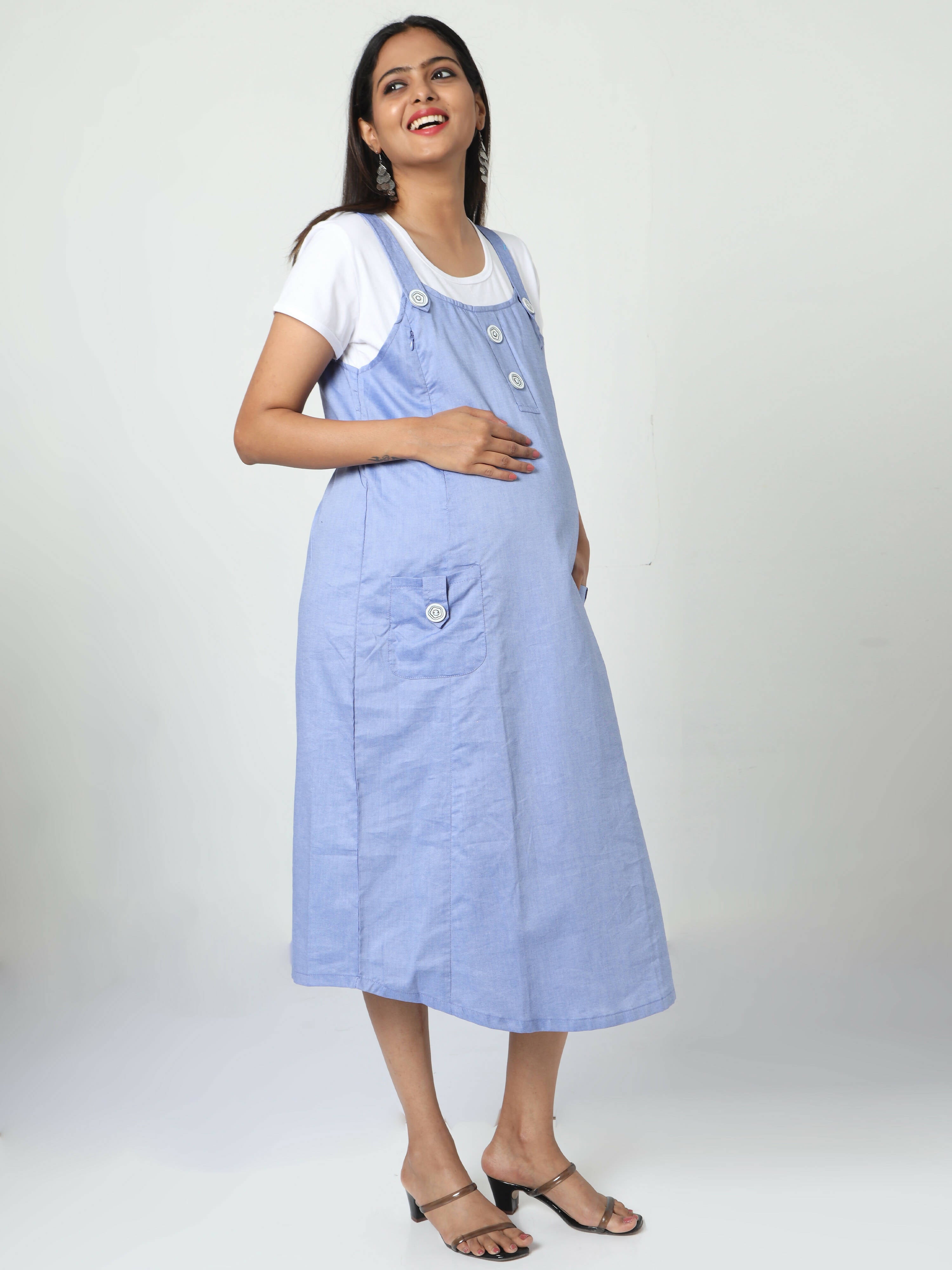 Manet Half Sleeves Solid Maternity Dress With Concealed Zipper Nursing Access - Blue