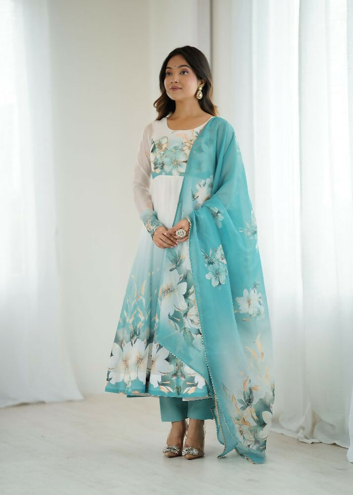 Joban Fashion Aqua Blue Kurta Set Organza Sequin Embroidery Work