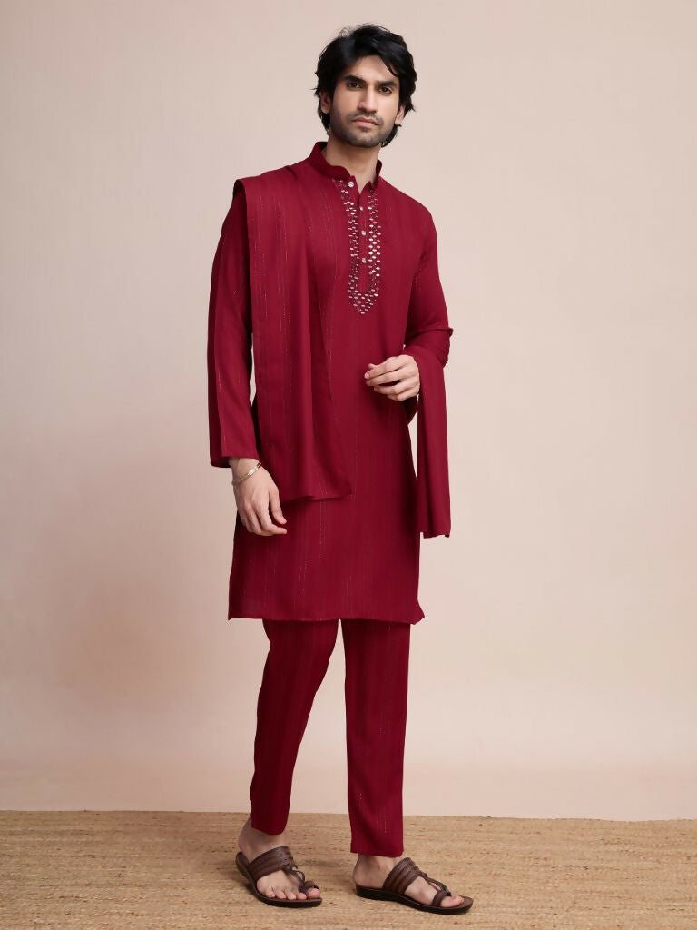Vastranavya Traditional Festival Wear Viscose Thread & Sequence Embroidered Work Kurta Pant Set - Maroon