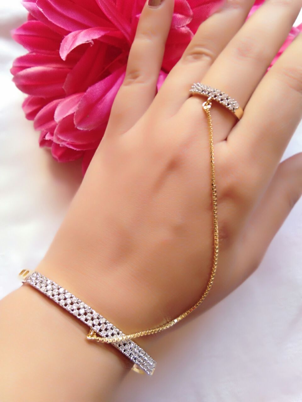 Gold-Polished Alloy American Diamond Hand Harness Bracelet - The Pari