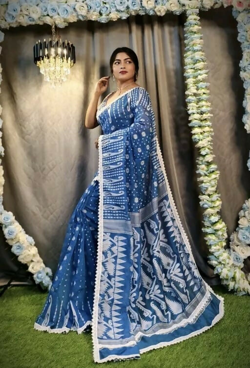 Exclusive Collection Beautiful Peacock Blue Jaal Jamdani Saree