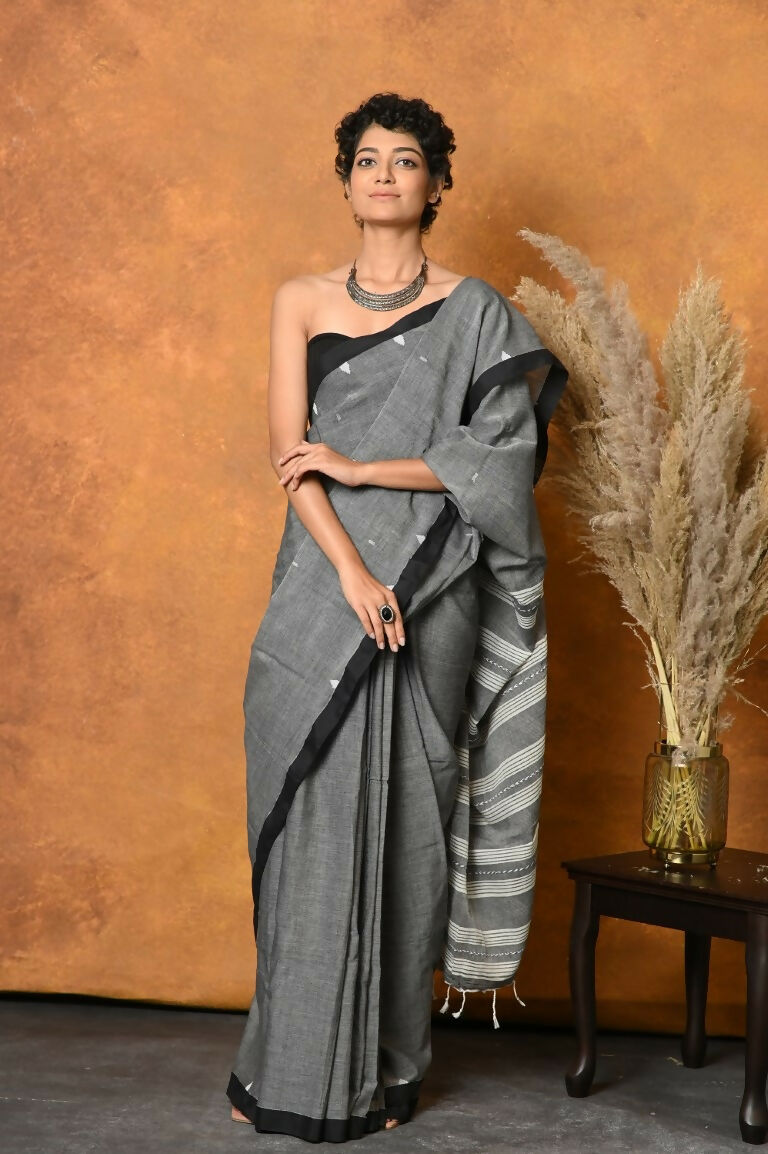 Very Much Indian Handloom Pure Cotton Saree With Sleek Border - Grey