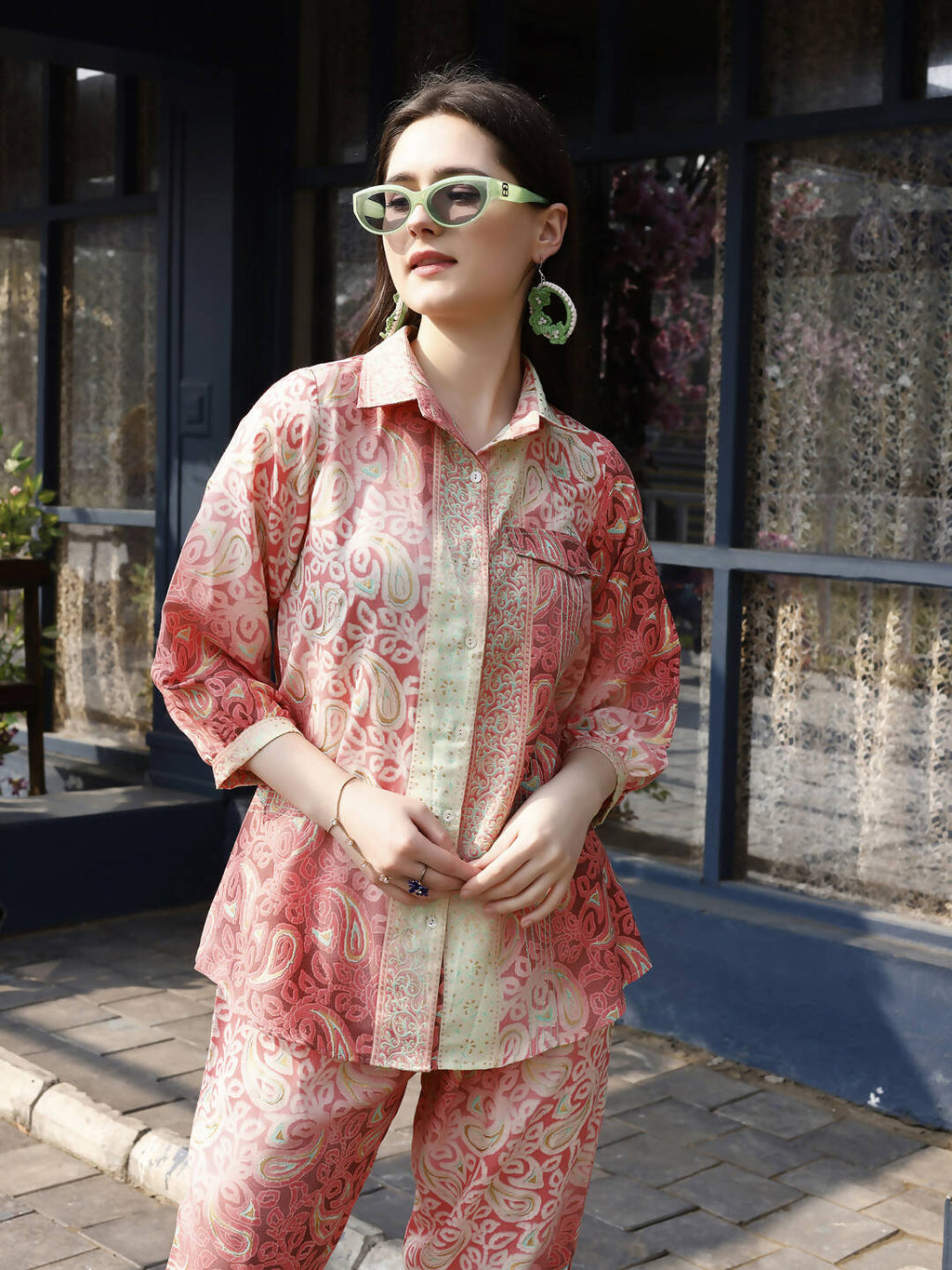Red & Cream Rayon Paisley Printed Top with Matching Bottom - Eesha