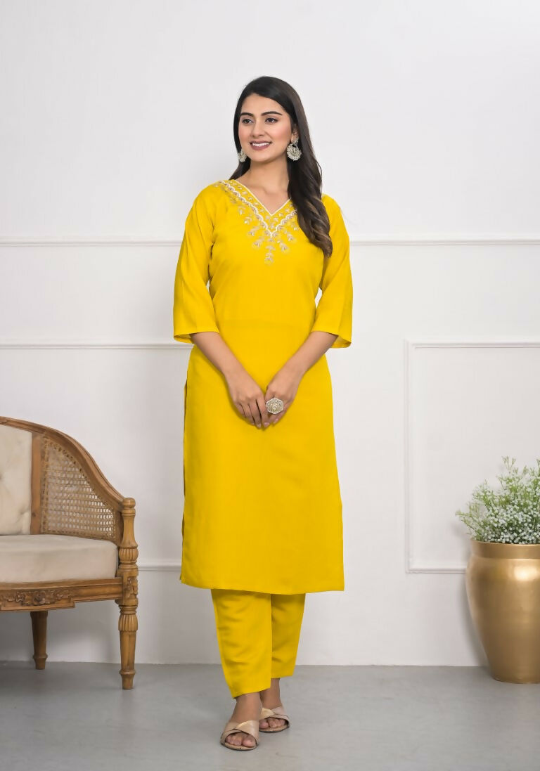 Yellow Viscose Silk Embroidery with Thread and sequence Stitched Suit With Dupatta - Tanisha