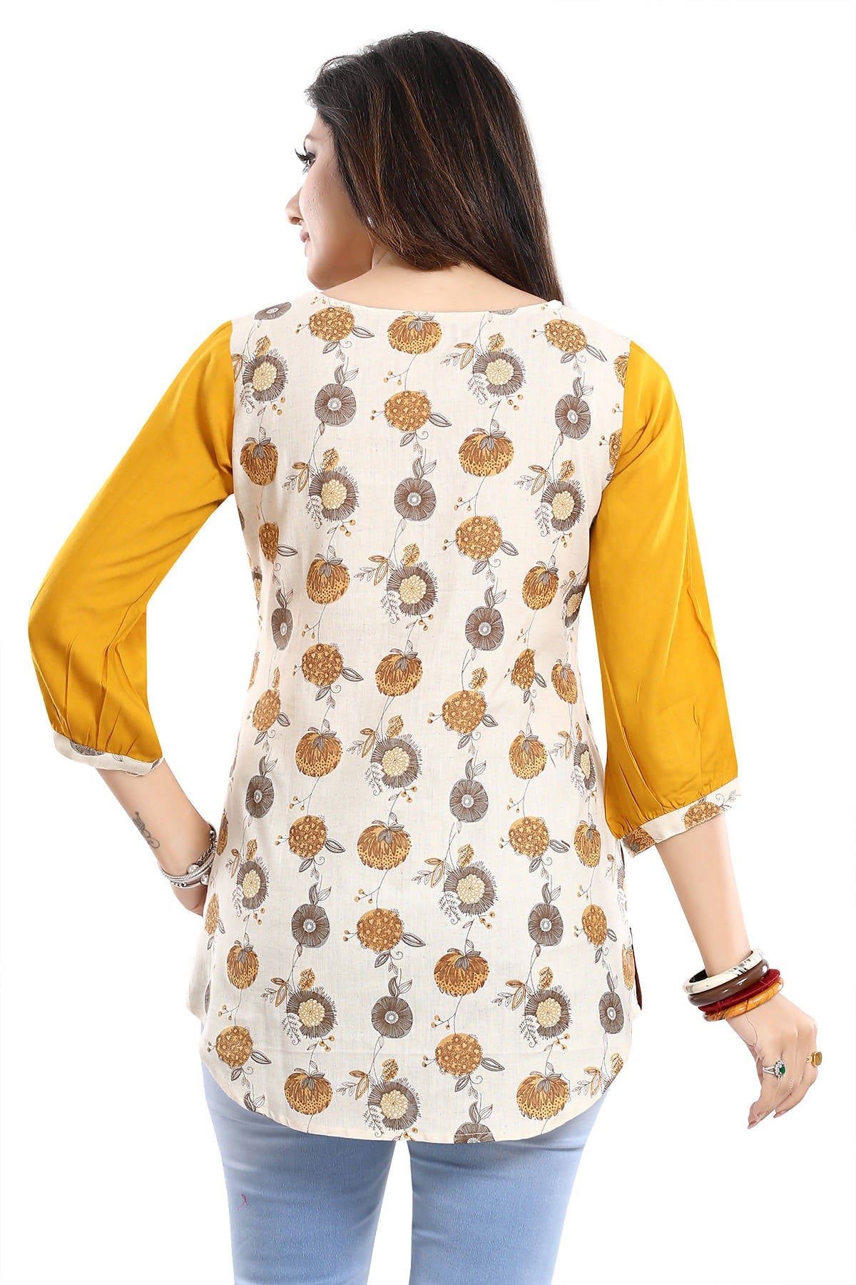 Snehal Creations Cream Cotton Printed Apple-Cut Short Tunic