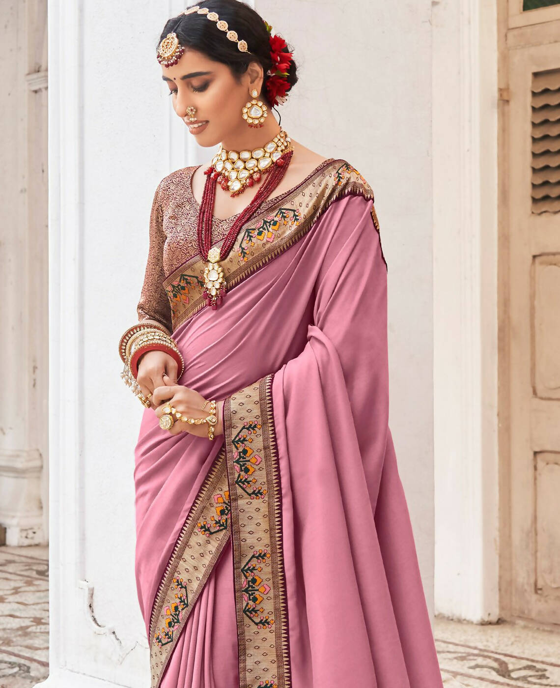 Pink Vichitra Solid Saree With Unstitched Blouse Piece - Juhi