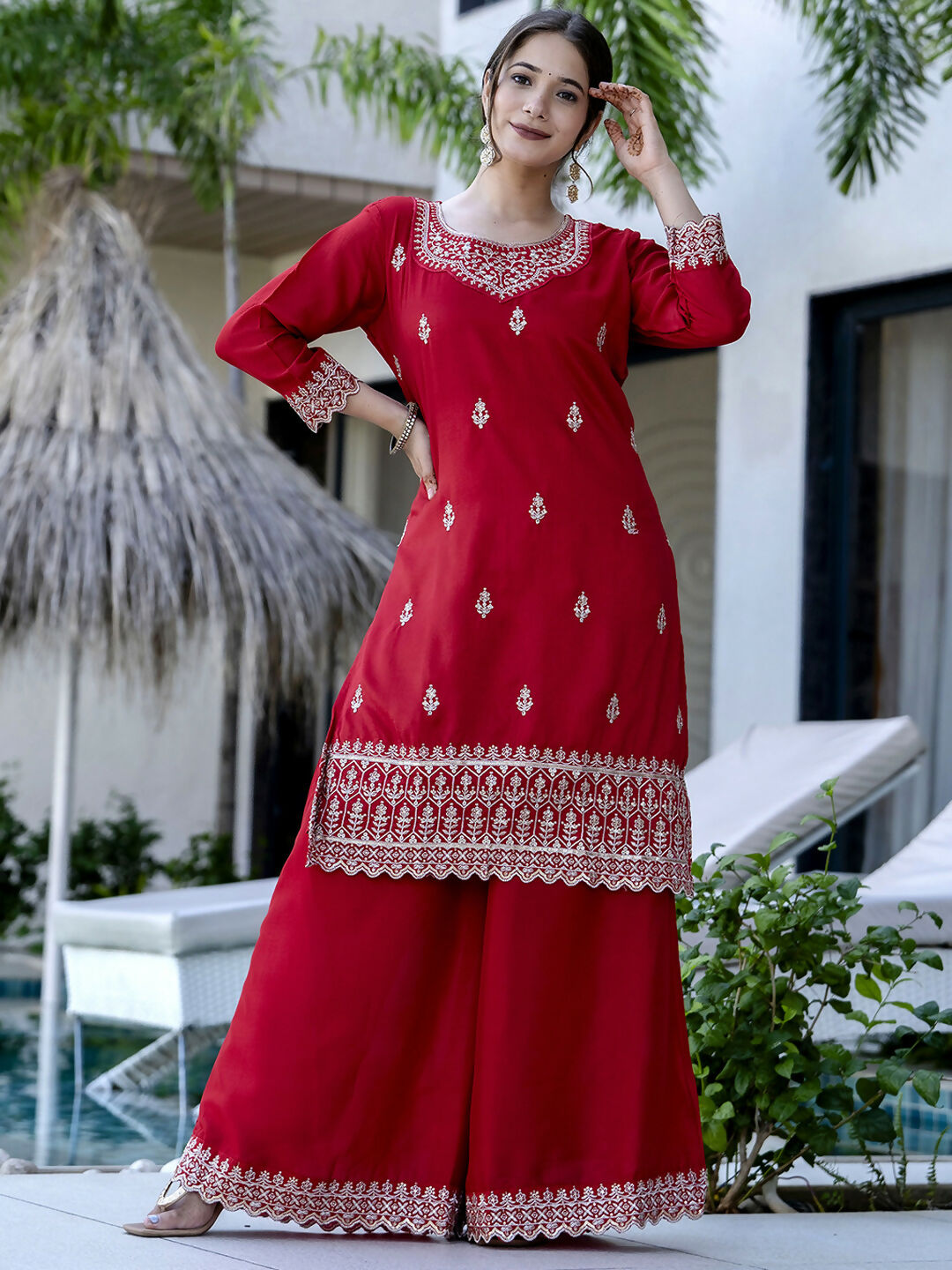 The52 Red Women's Gorgeous Embroidered Vichitra Silk Fabric Straight Kurta, Sharara and Dupatta Set