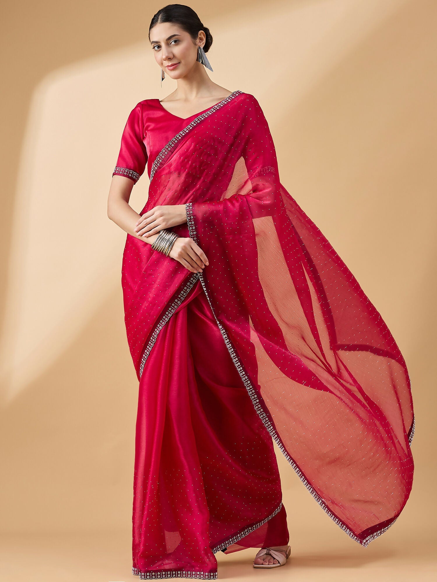 Pink Organza Swaroski Diamond Work Saree with Unstitched Blouse - Radha