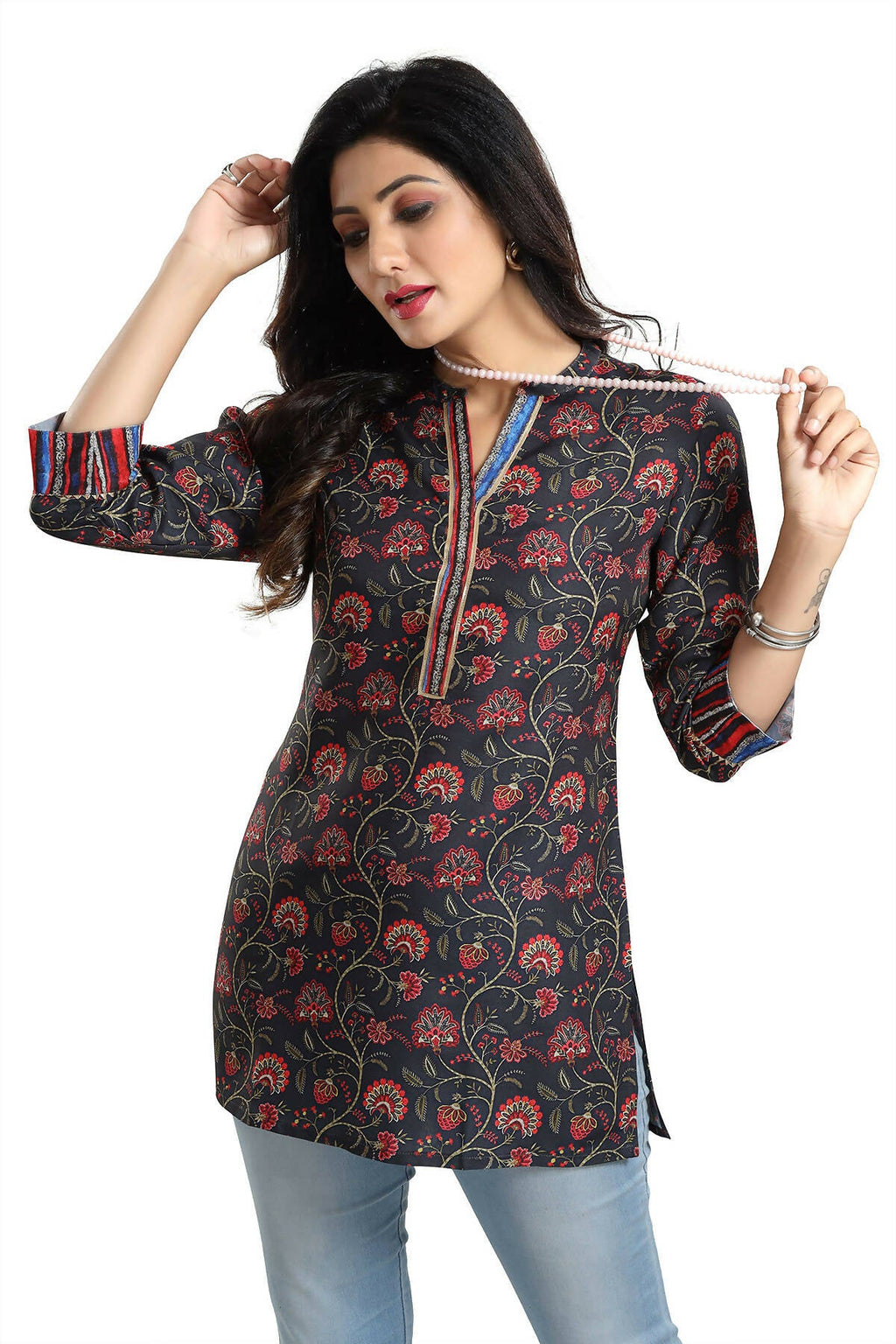 Snehal Creations Blissful Black Rayon Short Kurti Tunic Top