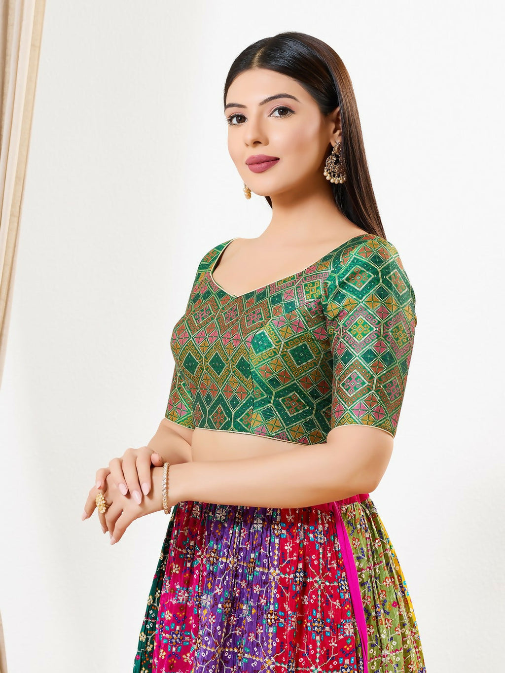 Joban Fashion Green Multi Brocade Padded Blouse With Sweetheart Neck Elbow Sleeves
