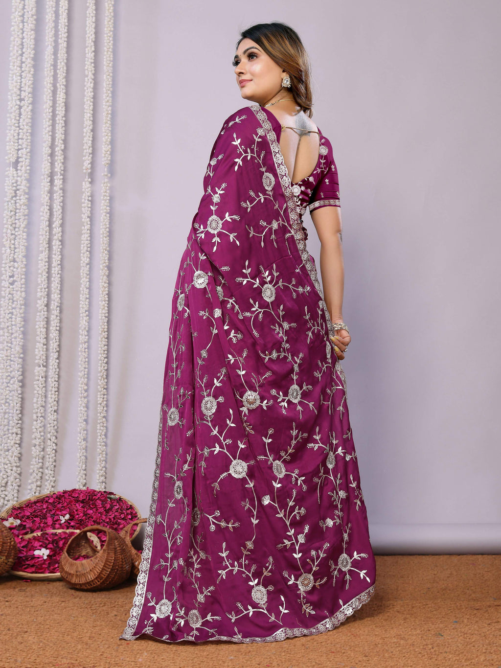 Purple Pure Satin Embroidered Saree With Stitched Blouse - Nimaya Kaksha