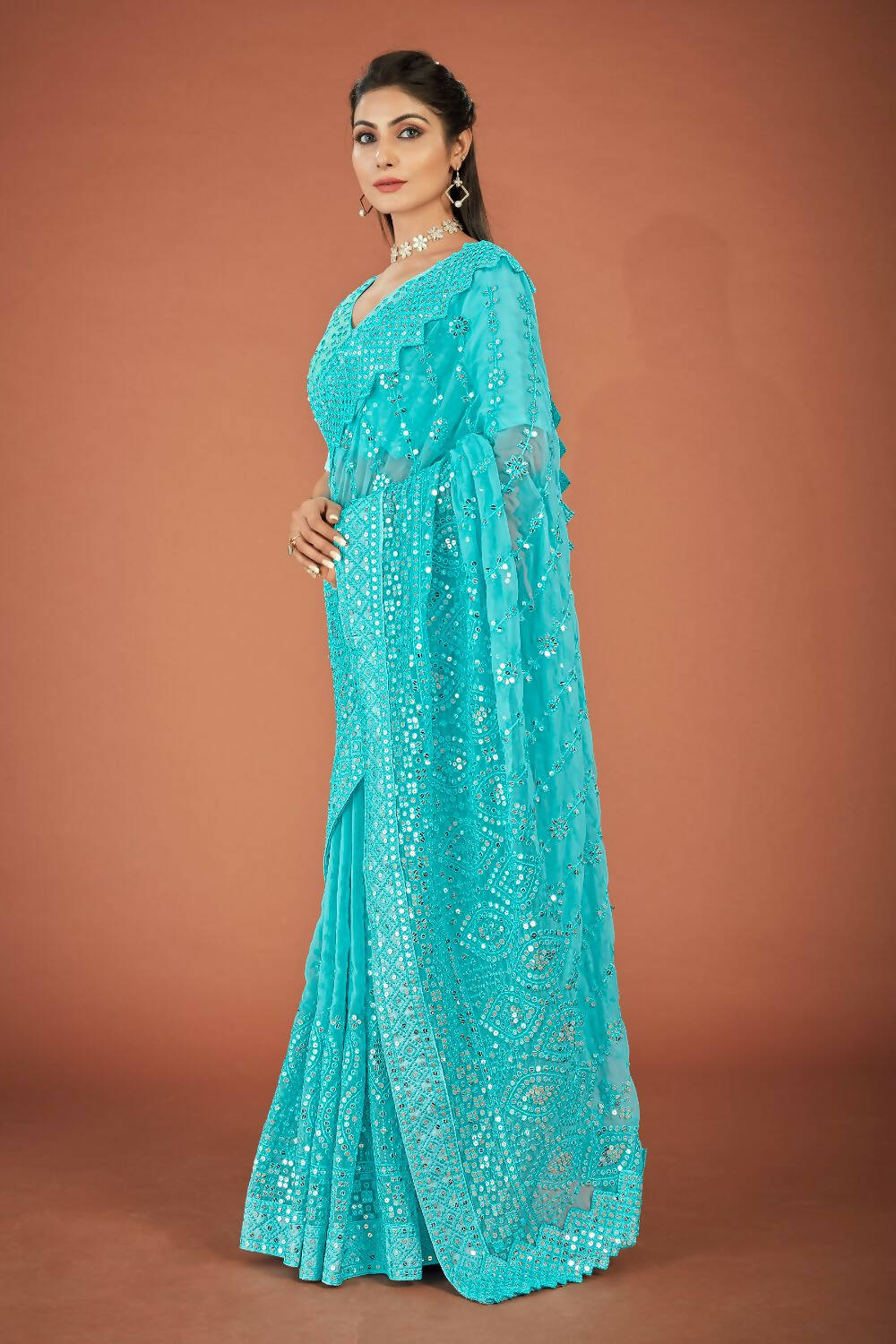 Vamsee Sky Blue Georgette Designer Saree