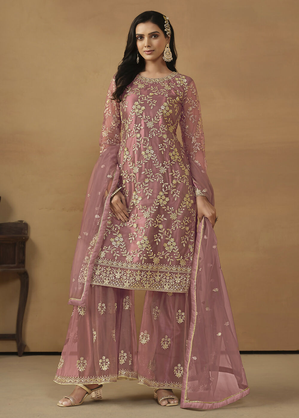 Old Rose Net Embroidered Wedding Festive Gharara Suit - Emponline