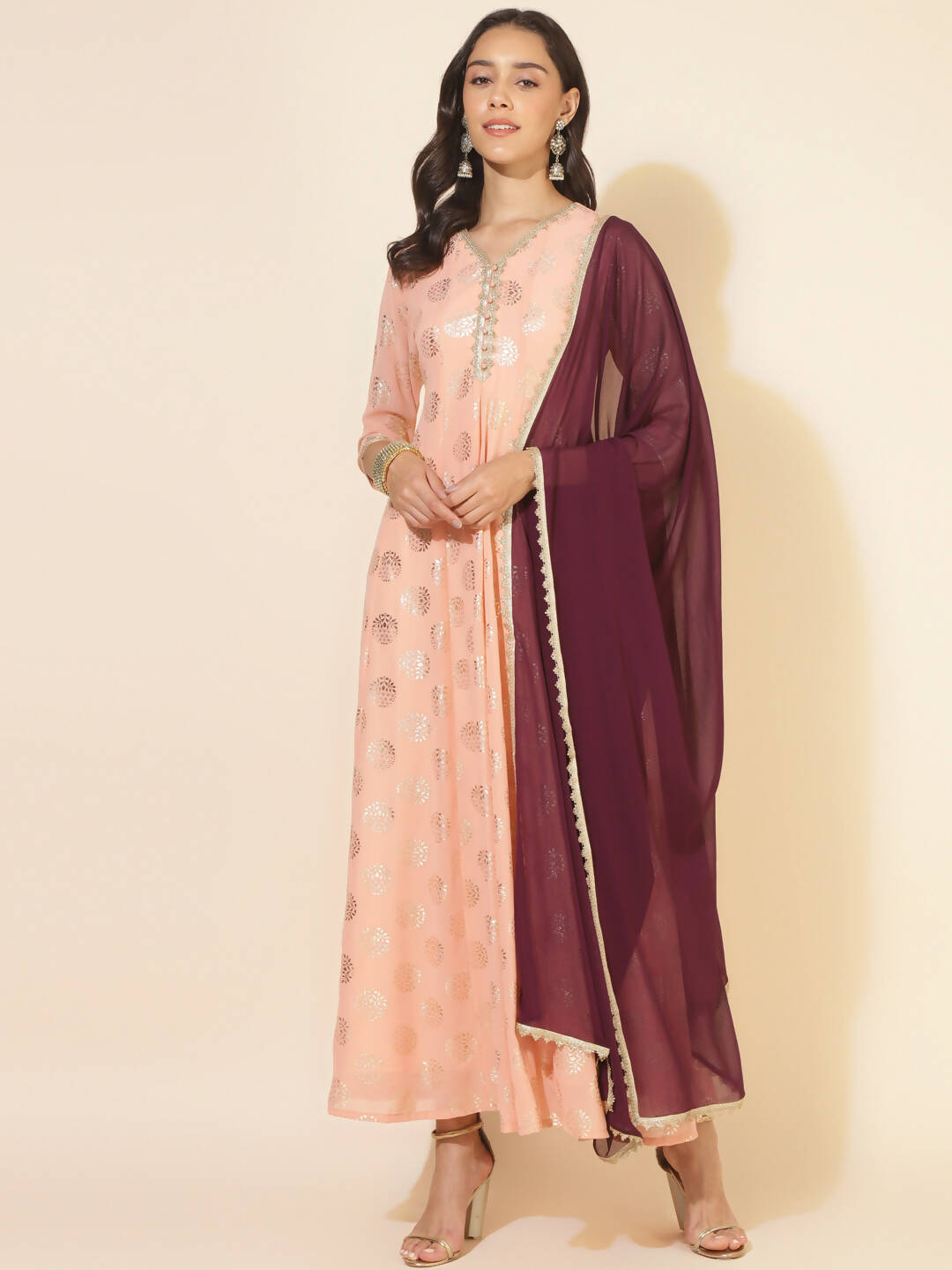 Janasya Women's Peach Georgette Foil Printed Festive Anarkali Kurta Set