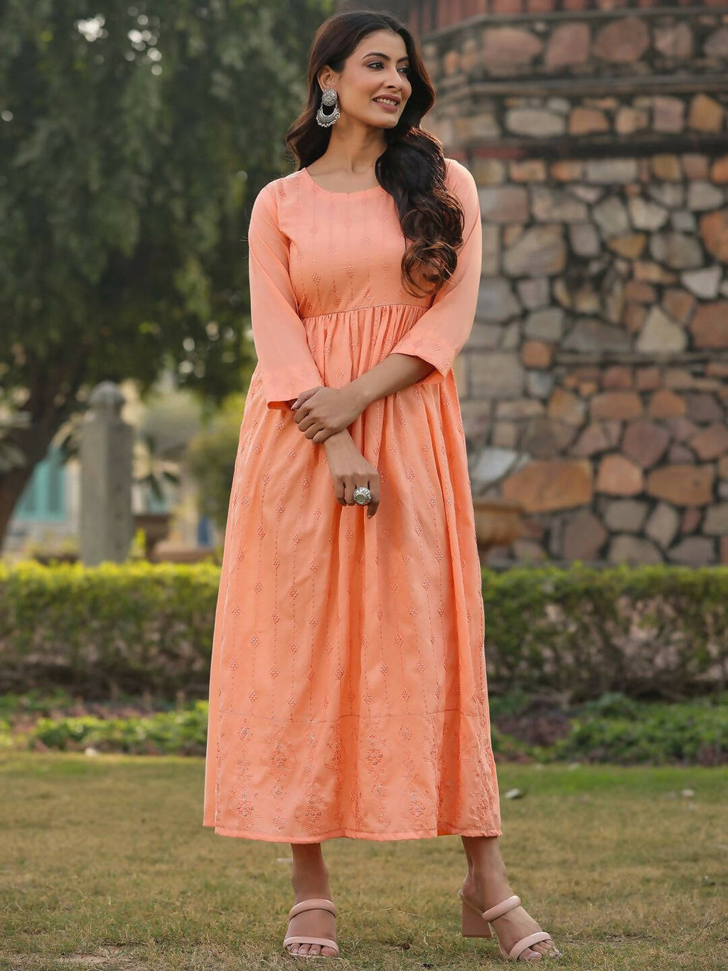 Juniper Women's Peach Festive Embroiderd Flared Dress