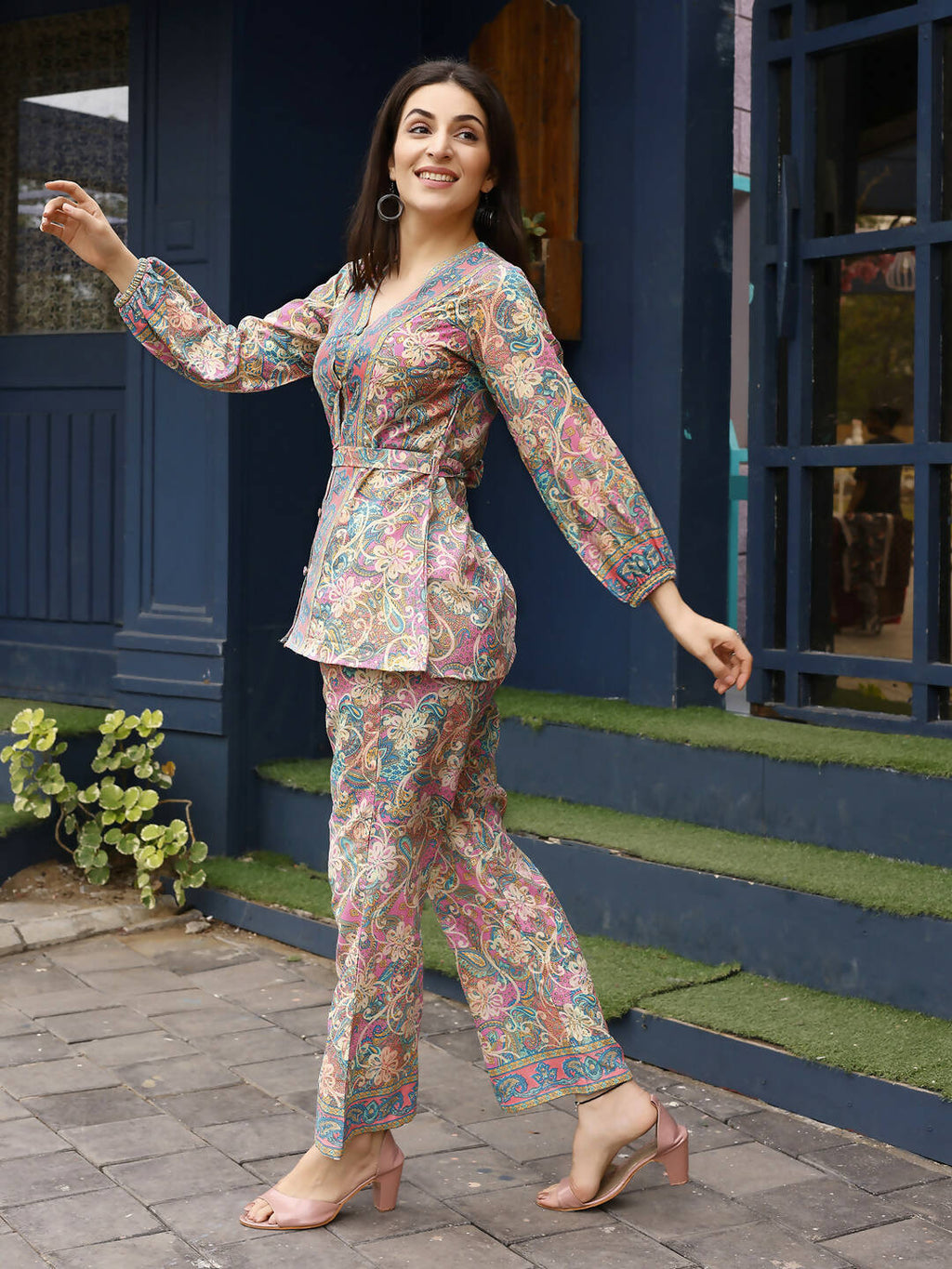 Pink Rayon Paisley & Floral Printed Top with Matching Bottom - Eesha
