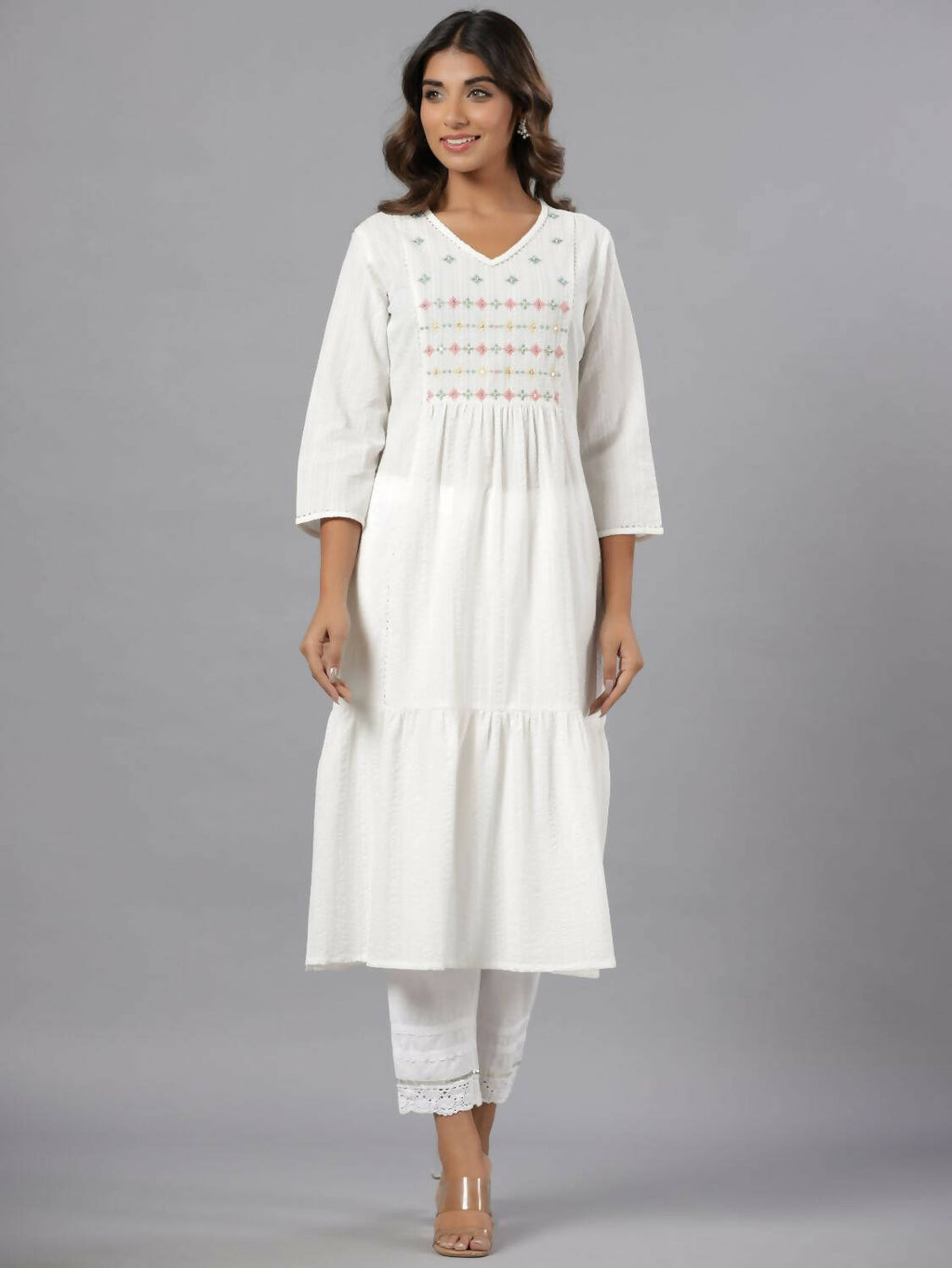 Juniper Women White Seer Sucker Embroidered High Slit Kurta