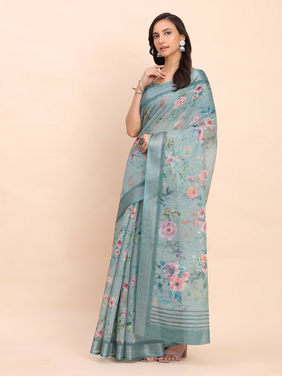 Shree Shyam Fashion Linen Cotton Sea Green Saree