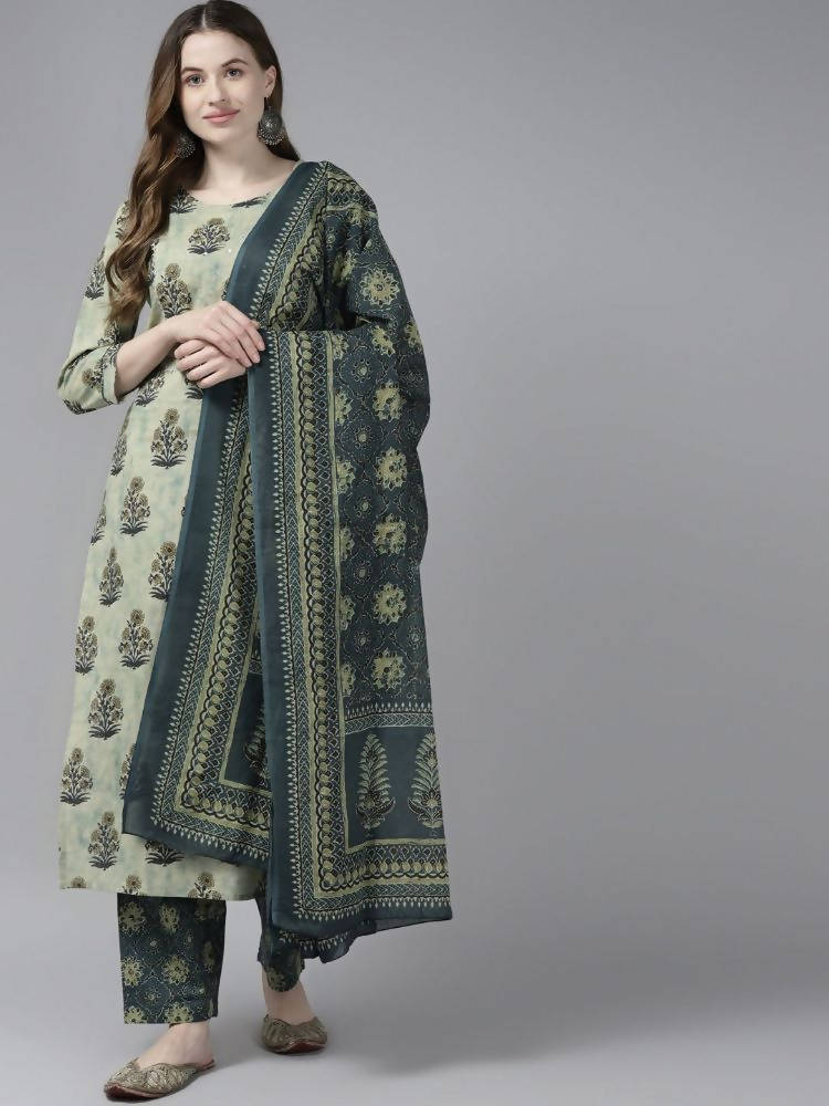Yufta Women Beige Ethnic Motifs Aari Work Pure Cotton Kurta with Palazzo and Dupatta