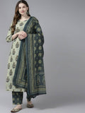 Yufta Women Beige Ethnic Motifs Aari Work Pure Cotton Kurta with Palazzo and Dupatta