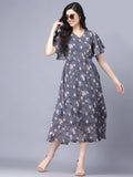 Myshka Women Grey Floral Midi Dress