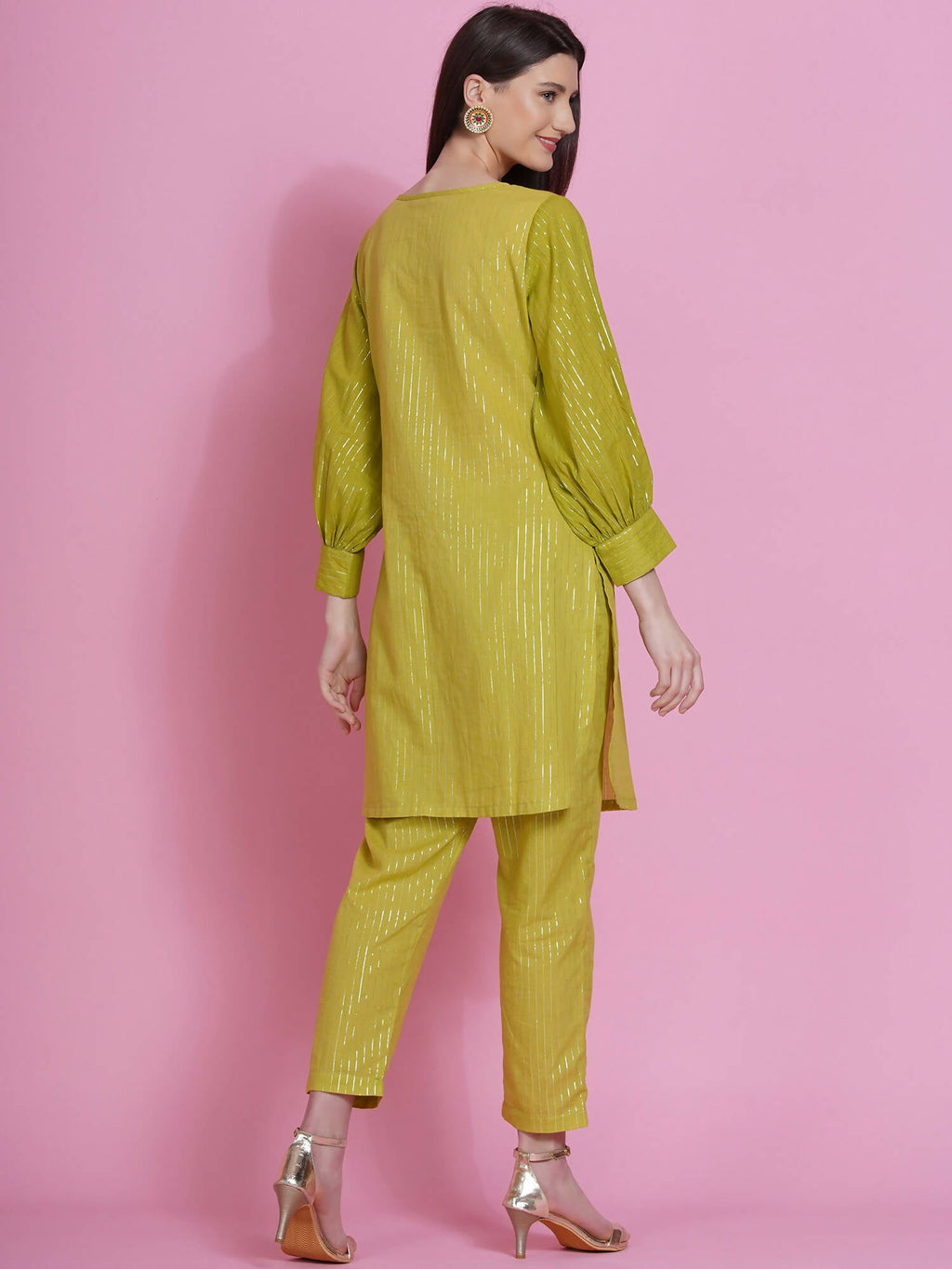 Women Republic Green Lurex Cotton Hand Embroidered Kurta With Pants