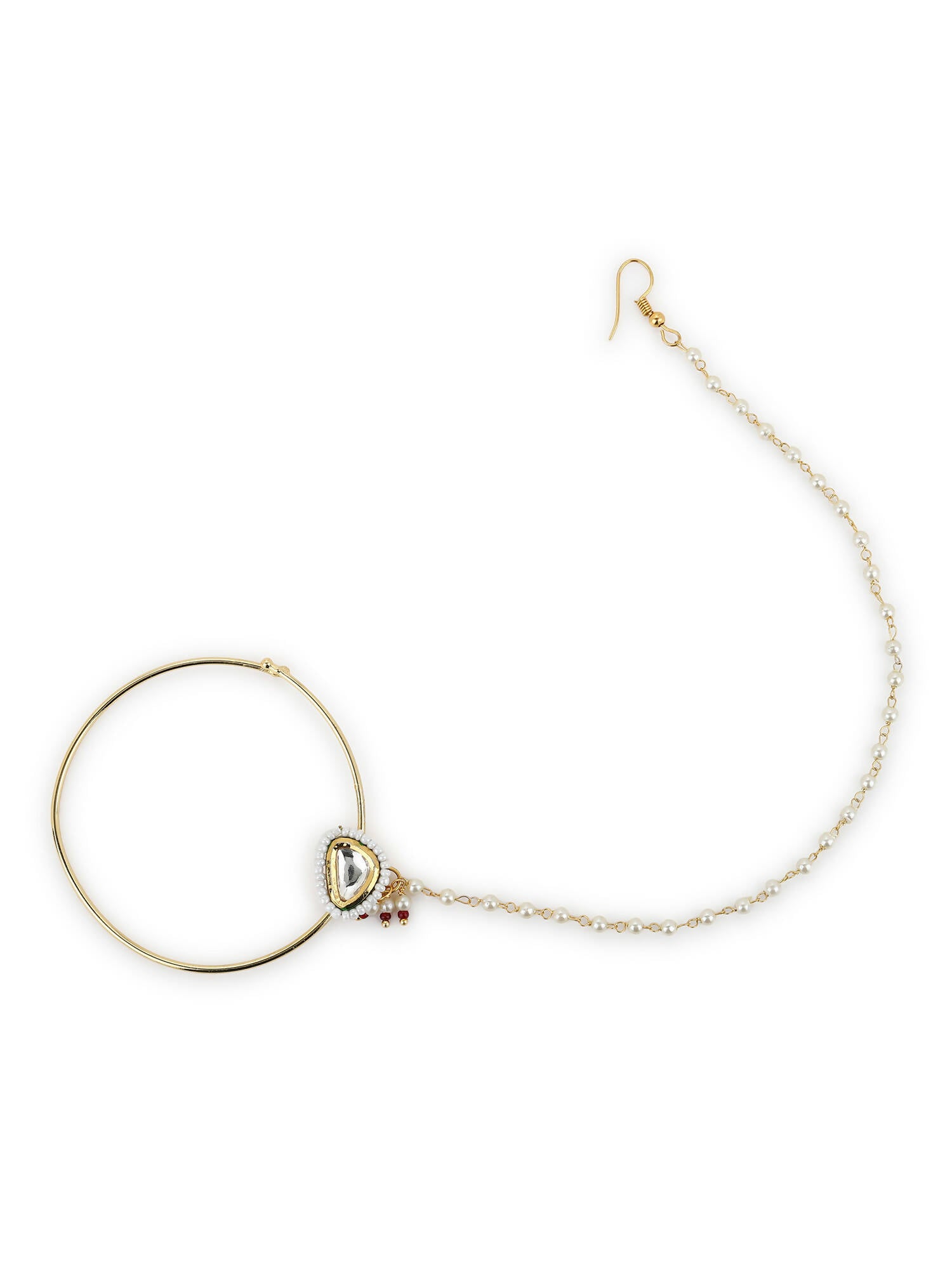 Gold-Polished White Kundan Studded Nose Pin With Beaded Extension - Ruby Raang
