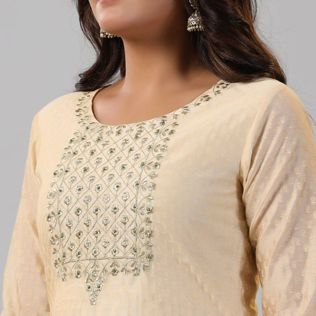 Juniper Women Gold Chanderi Printed Layered Maxi Dress with Embroidered Yoke