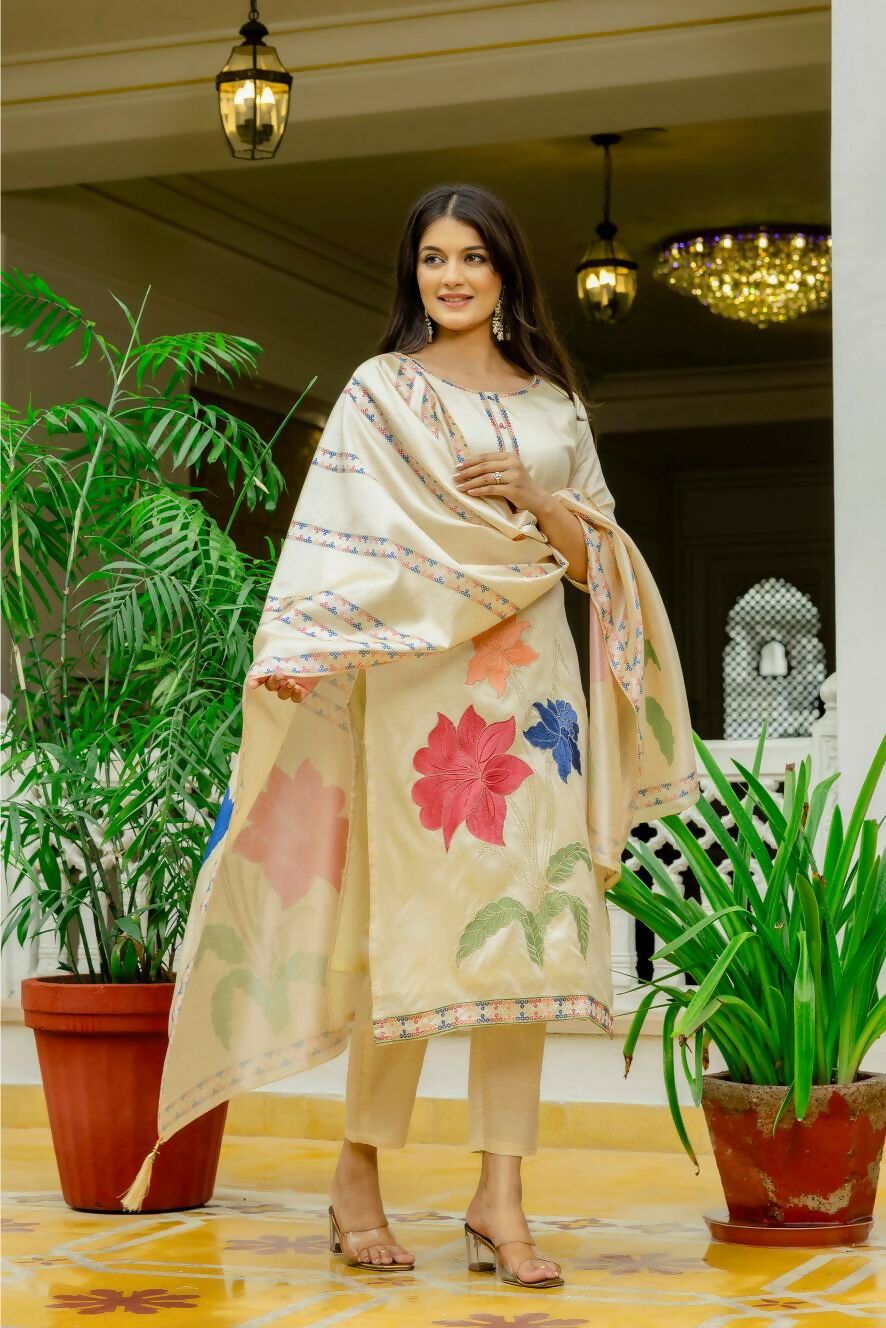 The52 Chiku Women's Beautiful Thread Work Viscose Assam Silk Fabric with Straight Kurta, Pant and Dupatta Set