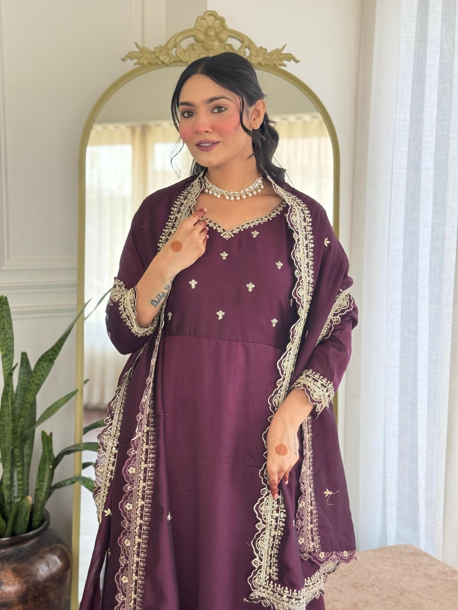 The52 Wine Women's Gorgeous Vichitra Silk Fabric Embroidered Work Flared Anarkali Pant and Dupatta Set
